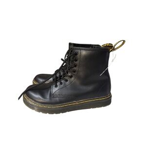 Kids Dr Martens Black Leather Combat Boots Side Zip Airwair Yellow Stitch